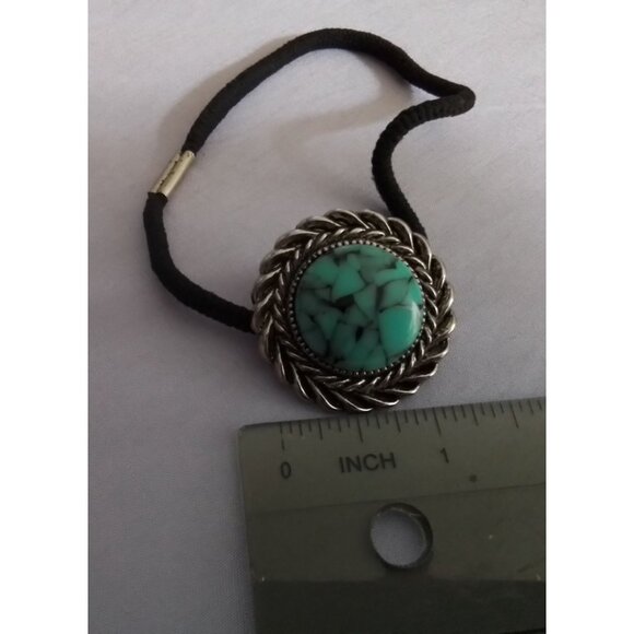 Vintage Turquoise Hair Tie Elastic Band Ponytail Holder with Silver Trim - Picture 2 of 2